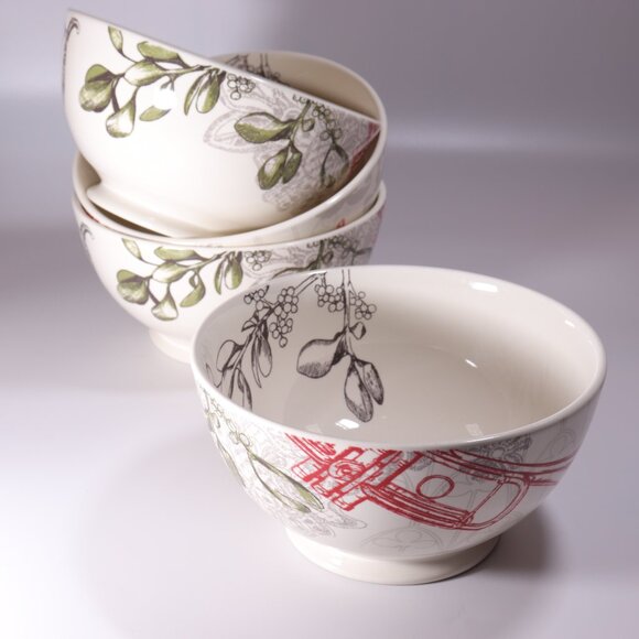 Lenox Vintage Jubilee by Alice Drew Soup Cereal Bowl Trumpet Mistletoe Set of 4 - Picture 1 of 5